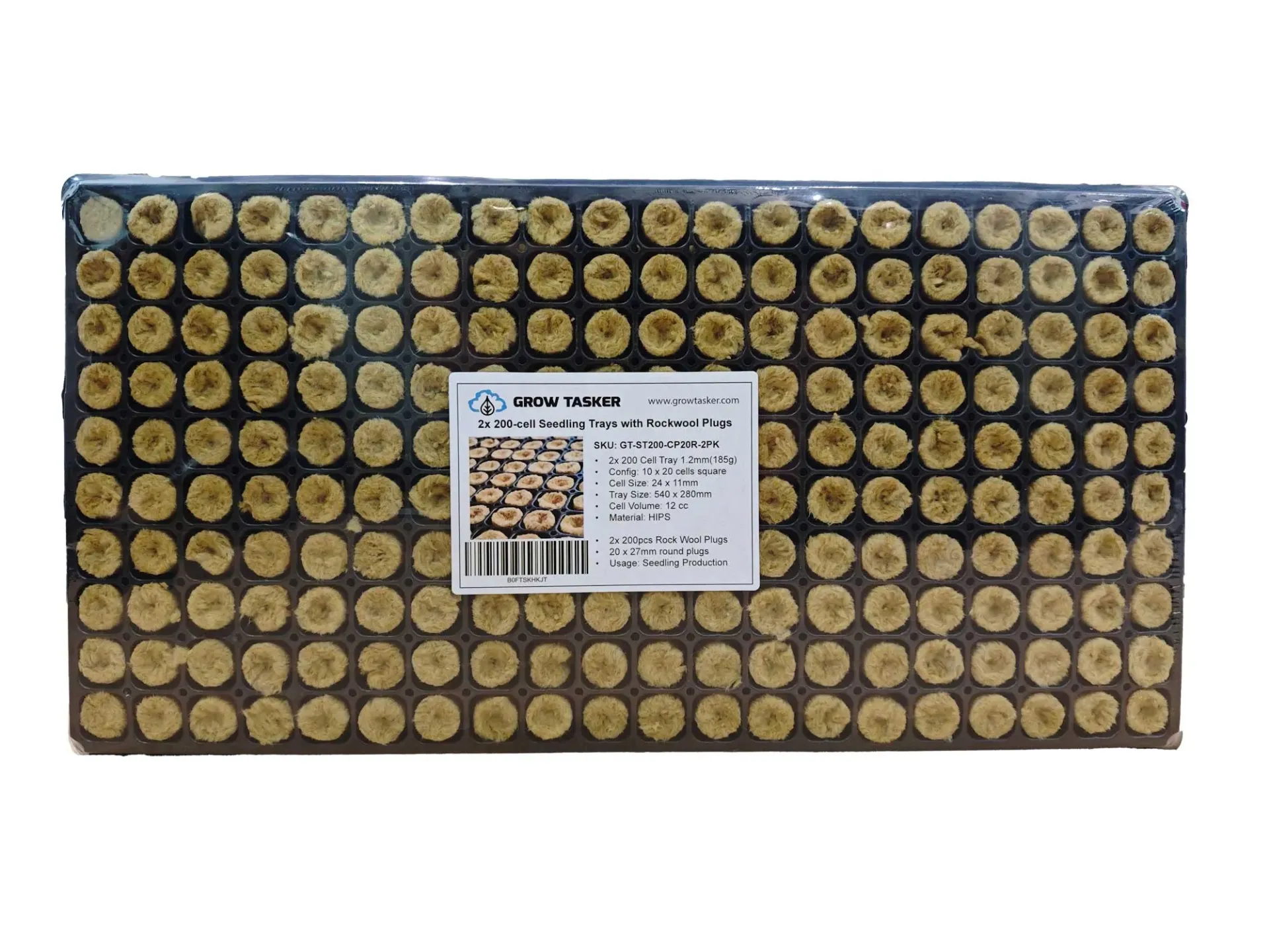 2X 200 Cell Seedling Starter Trays with Rock Wool Plugs, Black HIPS Plastic, 540x280mm, Hydroponic Growing System, 2X 200 Round Plugs (400 Total)